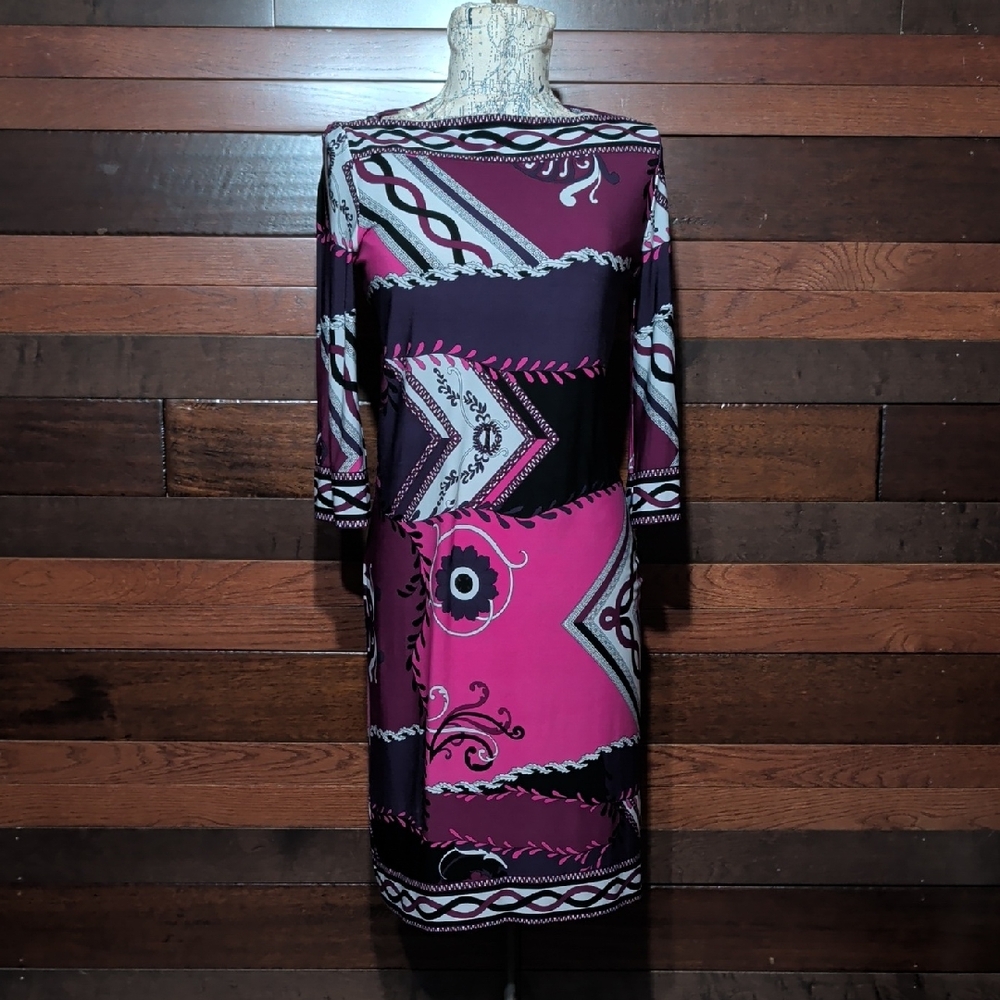 Donna Morgan Stretchy Vibrant Pink and Black Long Sleeve Dress
